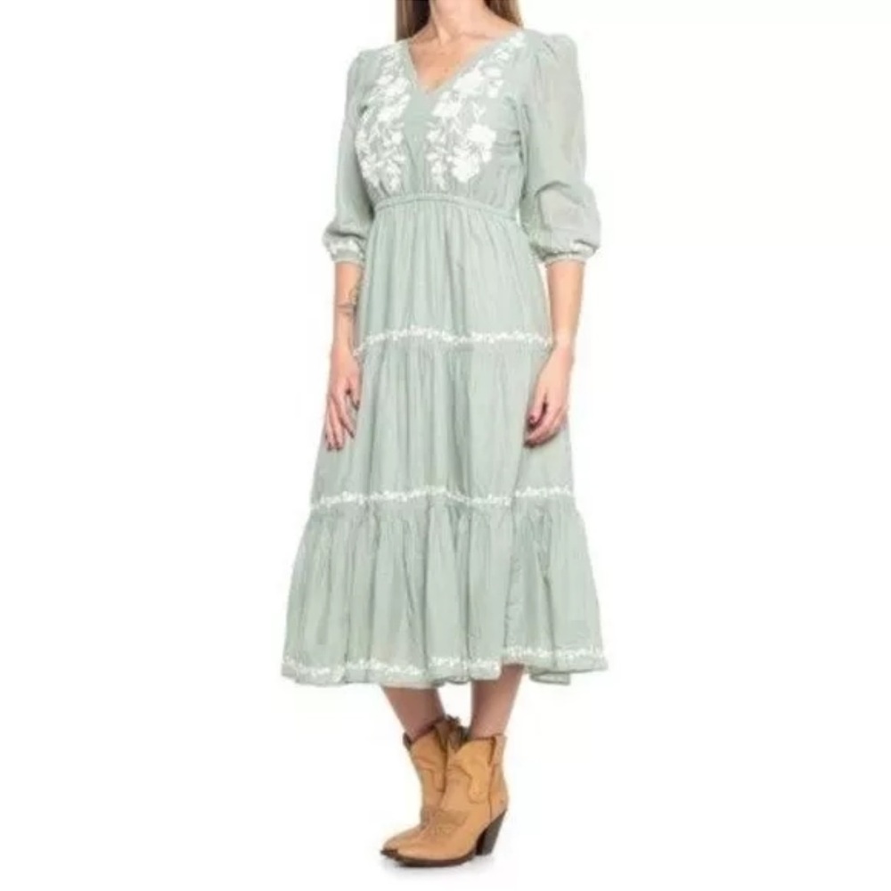 Lucky Brand XS Prairie Cottagecore Dress Embroidered Tiered Ruffle Western